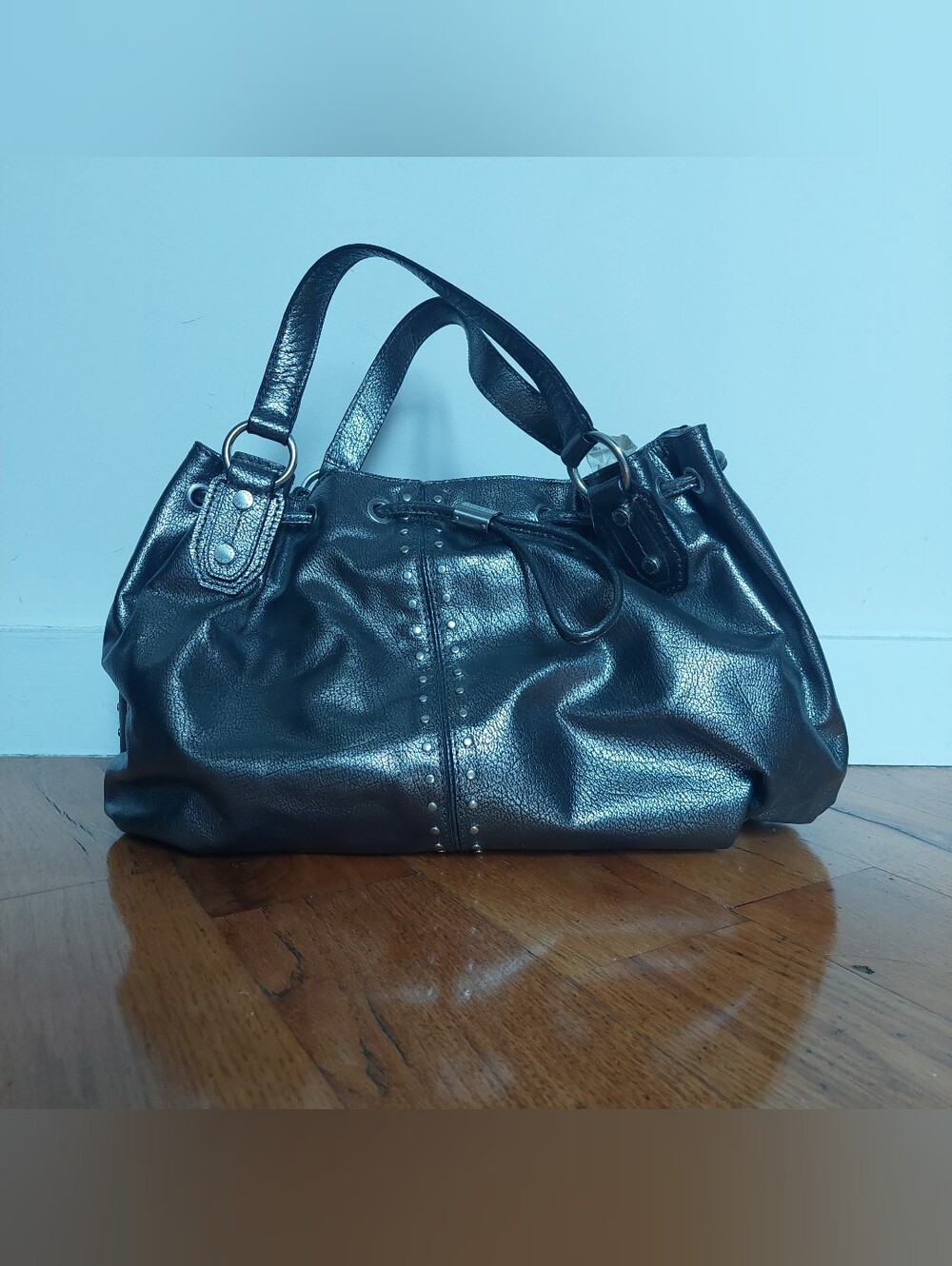Michael Kors Metallic Pewter Leather Studded Drawstring Shoulder Bag